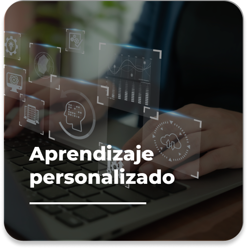 Manos en una laptop con íconos holográficos de cerebro y datos, con el texto Aprendizaje personalizado en educación virtual