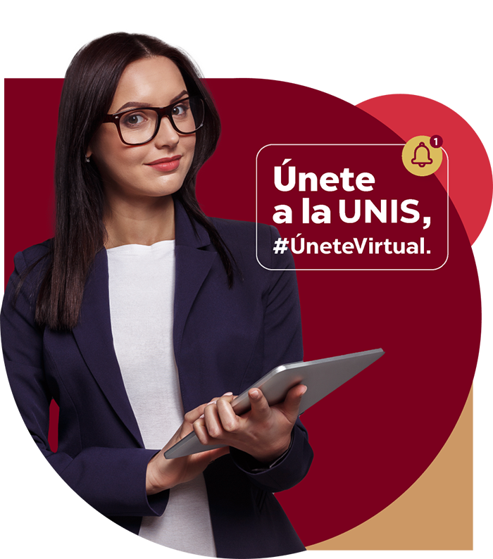 Mujer con gafas y blazer sosteniendo una tableta junto al mensaje Únete a la UNIS, #ÚneteVirtual, para maestrías virtuales