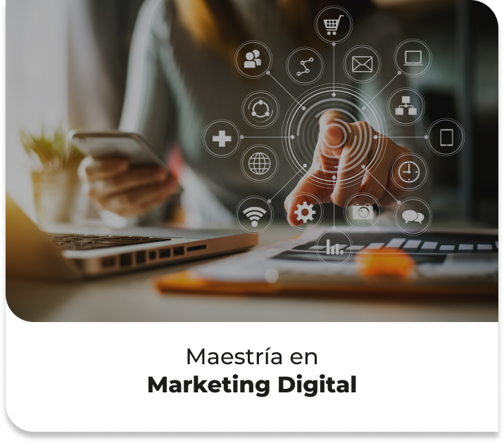 Programa relacionado: Marketing Digital de UNIS Virtual, mano que toca íconos digitales sobre una laptop y un teléfono