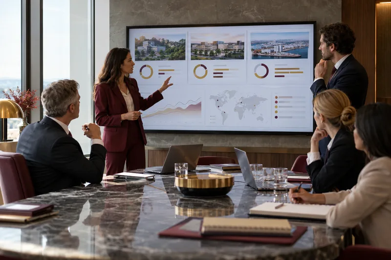 Equipo financiero comparando escenarios con datos e indicadores para tomar una decisión estratégica