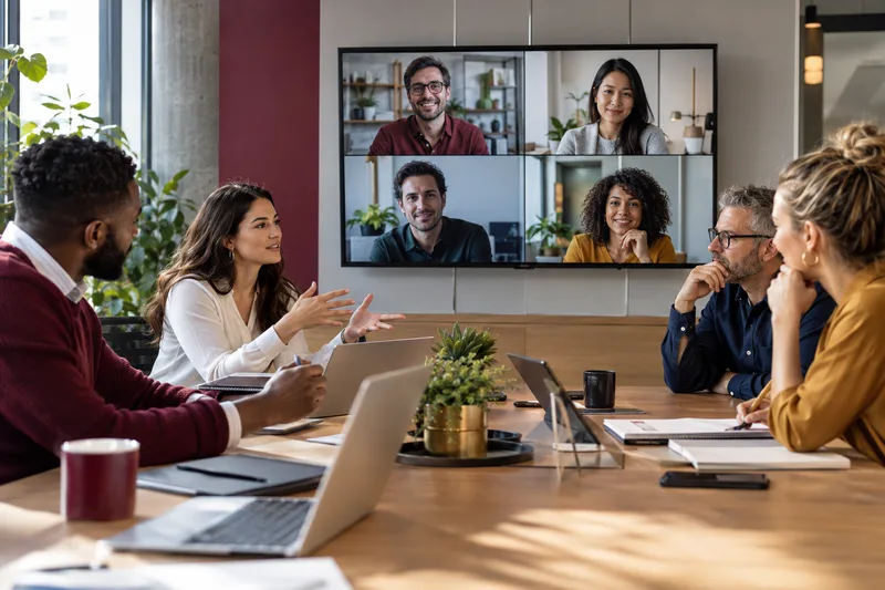 Equipo de trabajo híbrido colaborando con herramientas digitales en una oficina moderna