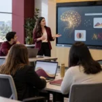 Docente universitario y estudiantes usando herramientas de inteligencia artificial en una clase híbrida