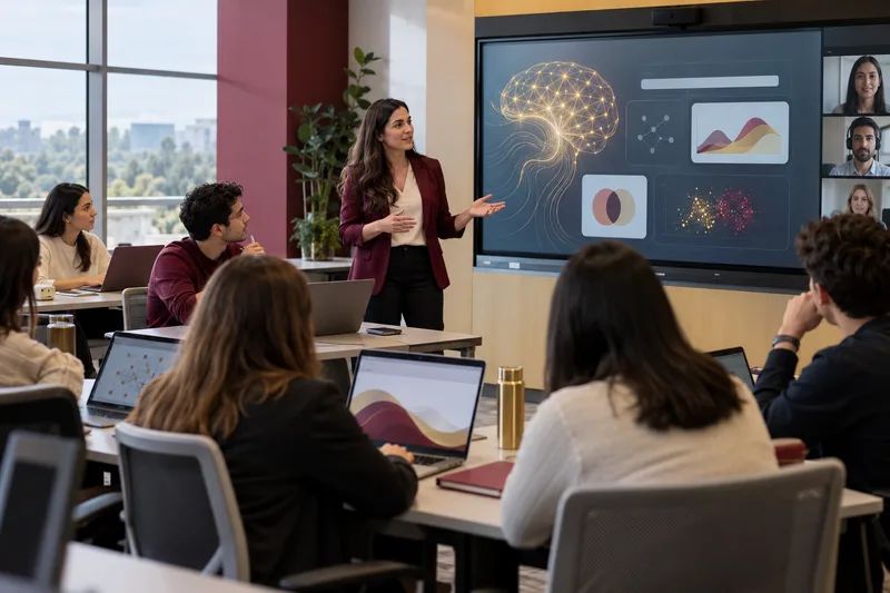 Docente universitario y estudiantes usando herramientas de inteligencia artificial en una clase híbrida